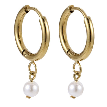 AAB Co stainless steel hoop earrings with round shell pearl and 14K gold finish