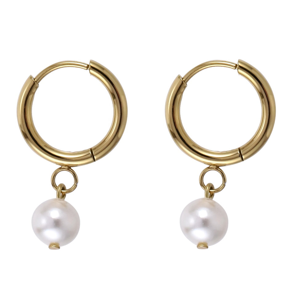 AAB Co stainless steel hoop earrings with round shell pearl and 14K gold finish