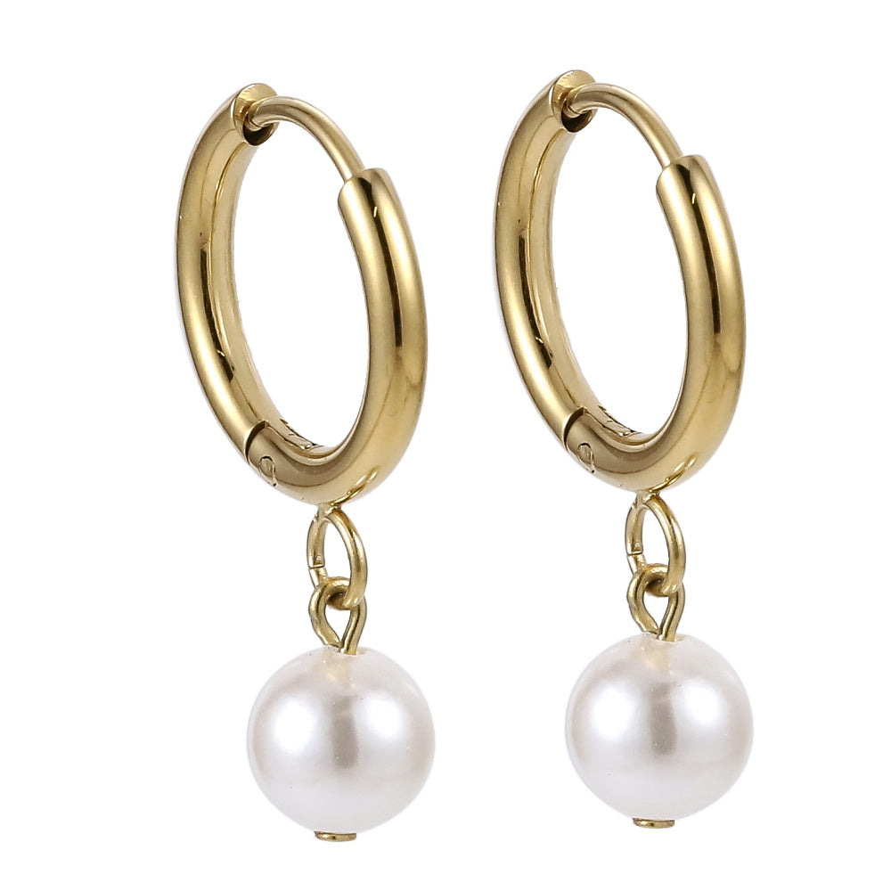 AAB Co stainless steel hoop earrings with round shell pearl and 14K gold finish