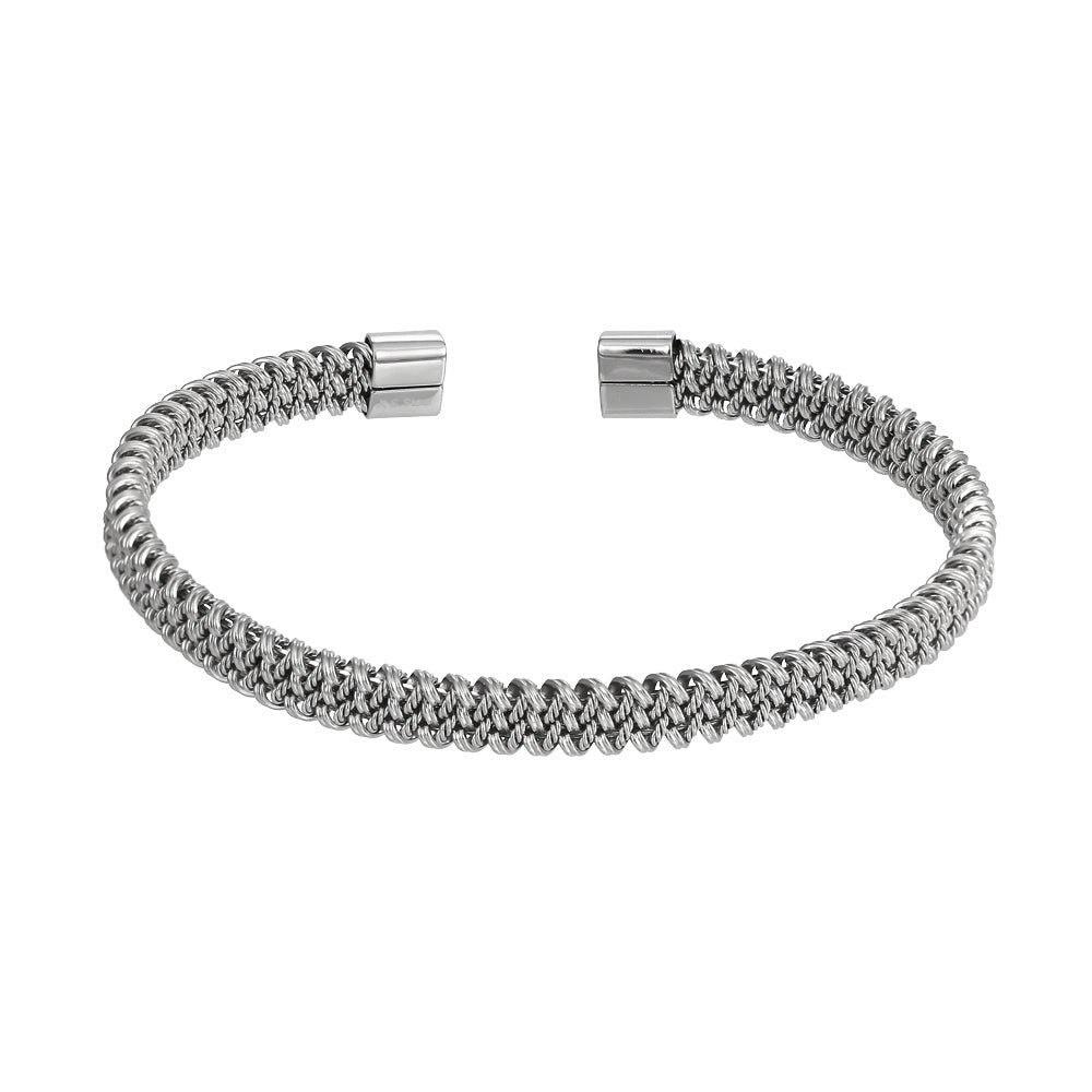 stainless steel open bangle, twisted braided flat mesh design