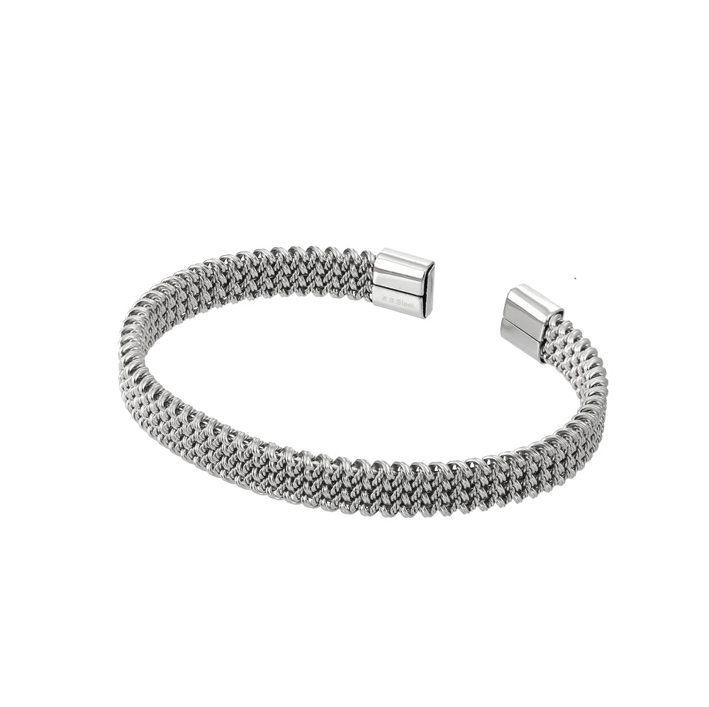 stainless steel open bangle, twisted braided flat mesh design