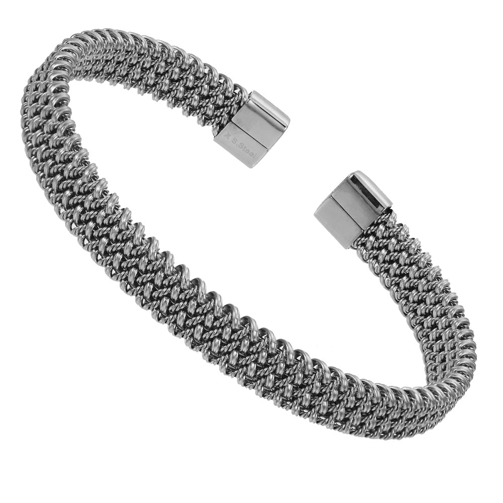 MBSG10 STAINLESS STEEL TWISTED BRAIDED FLAT MESH OPEN BANGLE