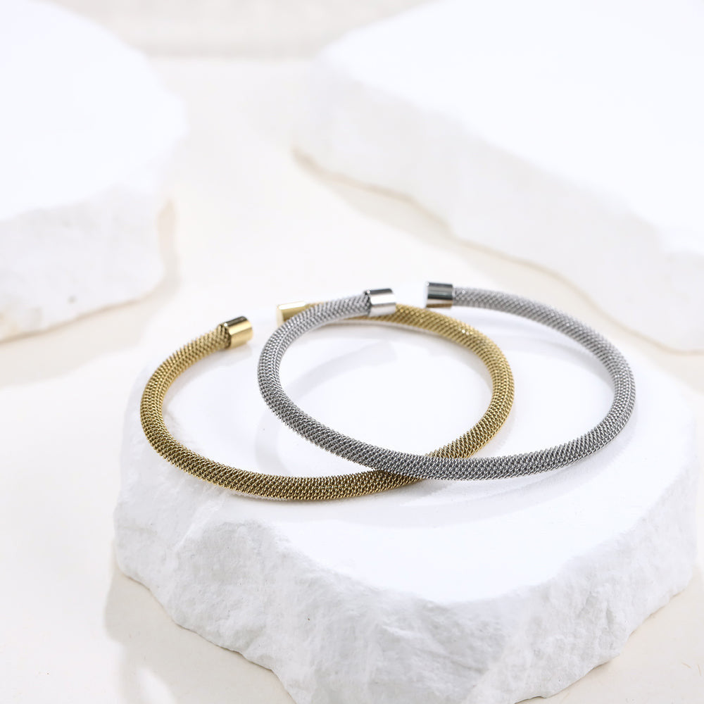 stainless steel bangle, open bangle, round mesh