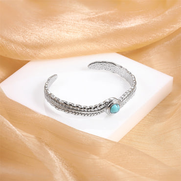 MBSG50 STAINLESS STEEL FEATHER OPEN BANGLE WITH SYNTHETIC TURQUOIZE
