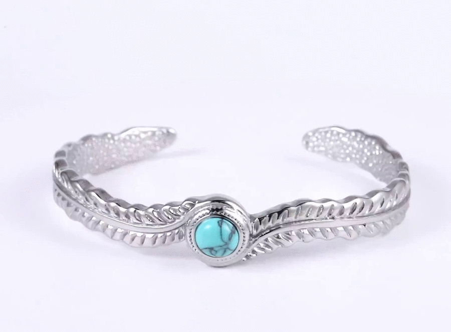 MBSG50 STAINLESS STEEL FEATHER OPEN BANGLE WITH SYNTHETIC TURQUOIZE