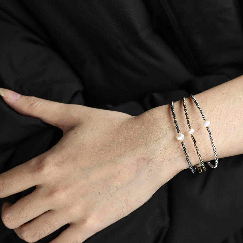 MBSS185 STAINLESS STEEL & HEMATITE BEADS BRACELET WITH FRESH WATER PEARL