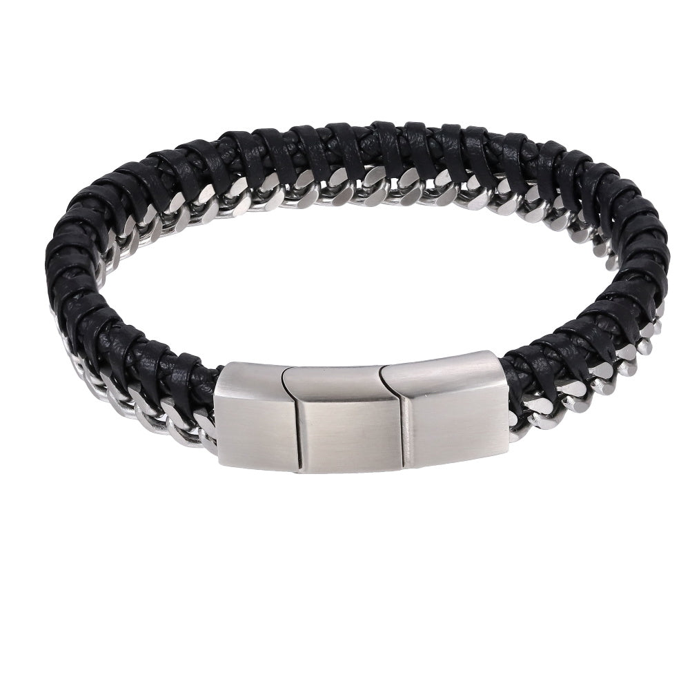 MBSS199 STAINLESS STEEL LEATHER BRACELET WITH CURB CHAIN