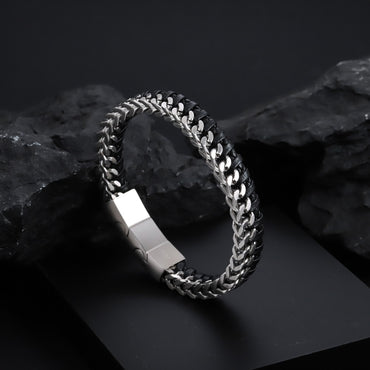 MBSS199 STAINLESS STEEL LEATHER BRACELET WITH CURB CHAIN