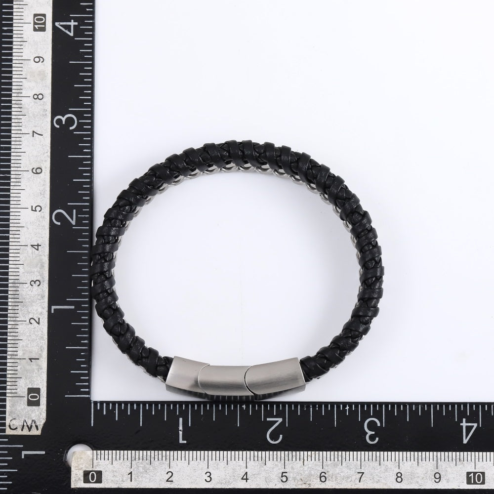 MBSS199 STAINLESS STEEL LEATHER BRACELET WITH CURB CHAIN