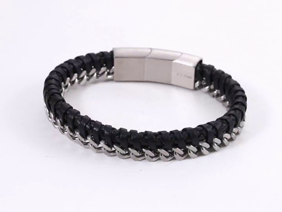 MBSS199 STAINLESS STEEL LEATHER BRACELET WITH CURB CHAIN