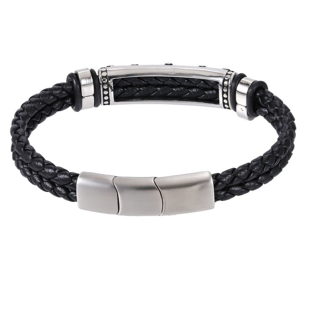 MBSS201 STAINLESS STEEL LEATHER BRACELET WITH ID PLATE