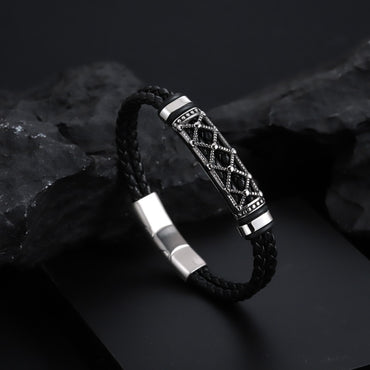 MBSS201 STAINLESS STEEL LEATHER BRACELET WITH ID PLATE