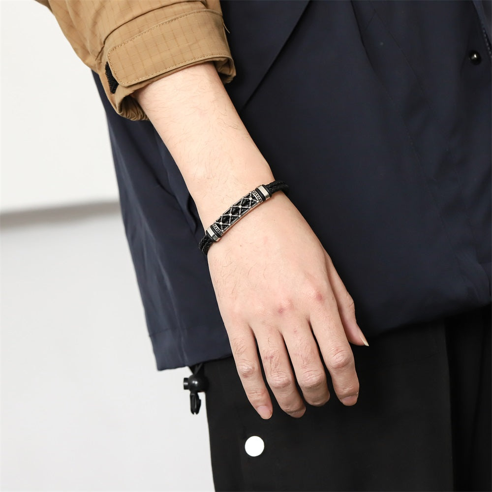 MBSS201 STAINLESS STEEL LEATHER BRACELET WITH ID PLATE