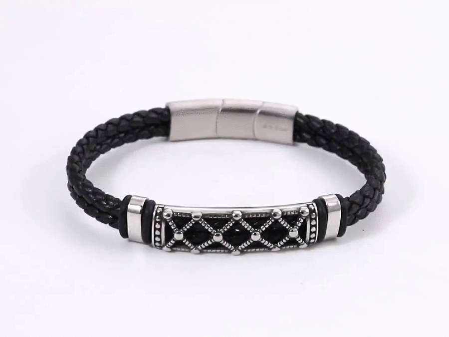 MBSS201 STAINLESS STEEL LEATHER BRACELET WITH ID PLATE