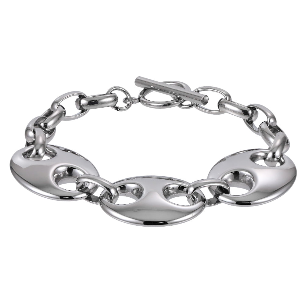 MBSS208 STAINLESS STEEL T-BAR BRACELET WITH 3 HOLLOW LINKS