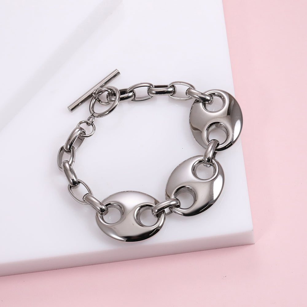 MBSS208 STAINLESS STEEL T-BAR BRACELET WITH 3 HOLLOW LINKS