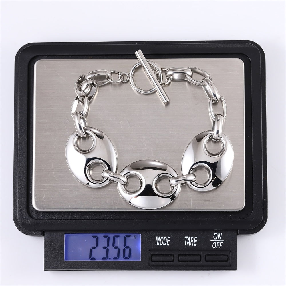 MBSS208 STAINLESS STEEL T-BAR BRACELET WITH 3 HOLLOW LINKS