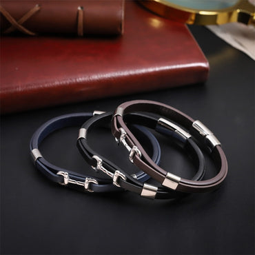MBSS248 STAINLESS STEEL LEATHER BRACELET WITH BUCKLE DESIGN