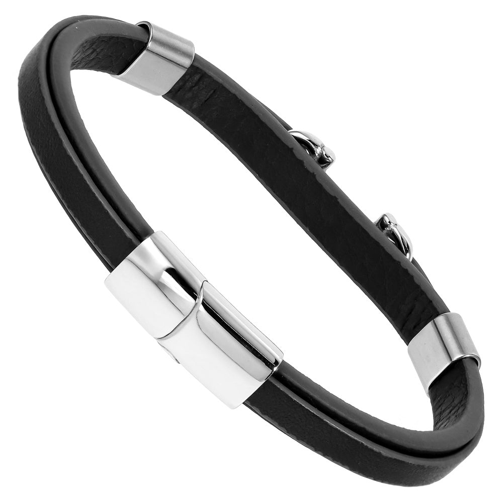 MBSS248 STAINLESS STEEL LEATHER BRACELET WITH BUCKLE DESIGN