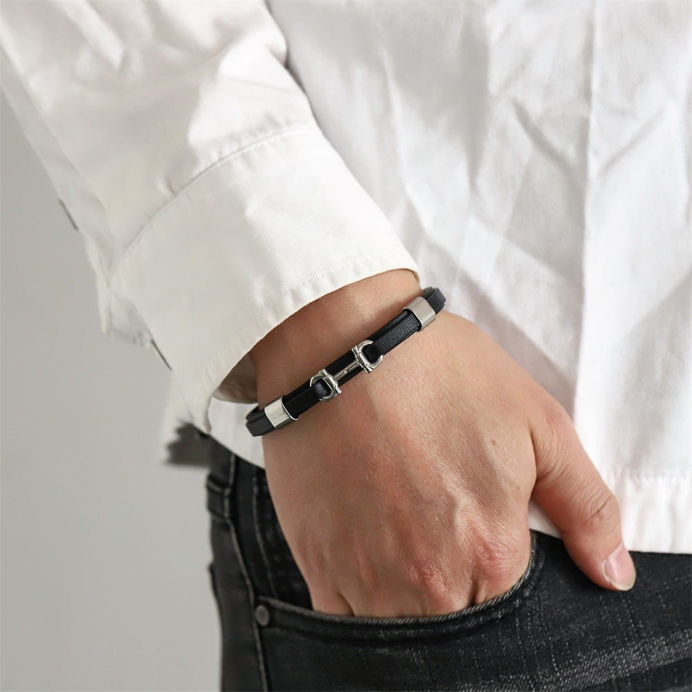 MBSS248 STAINLESS STEEL LEATHER BRACELET WITH BUCKLE DESIGN