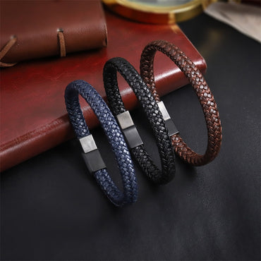 MBSS249 STAINLESS STEEL BRAIDED LEATHER & ROPE BRACELET