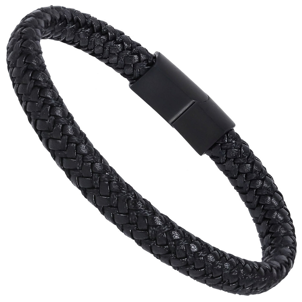 MBSS249 STAINLESS STEEL BRAIDED LEATHER & ROPE BRACELET