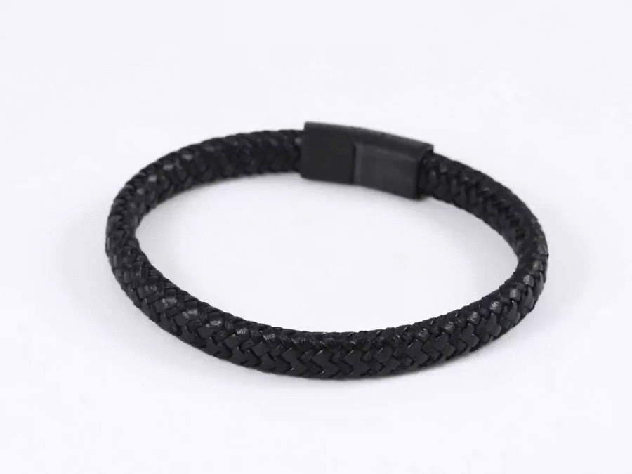 MBSS249 STAINLESS STEEL BRAIDED LEATHER & ROPE BRACELET