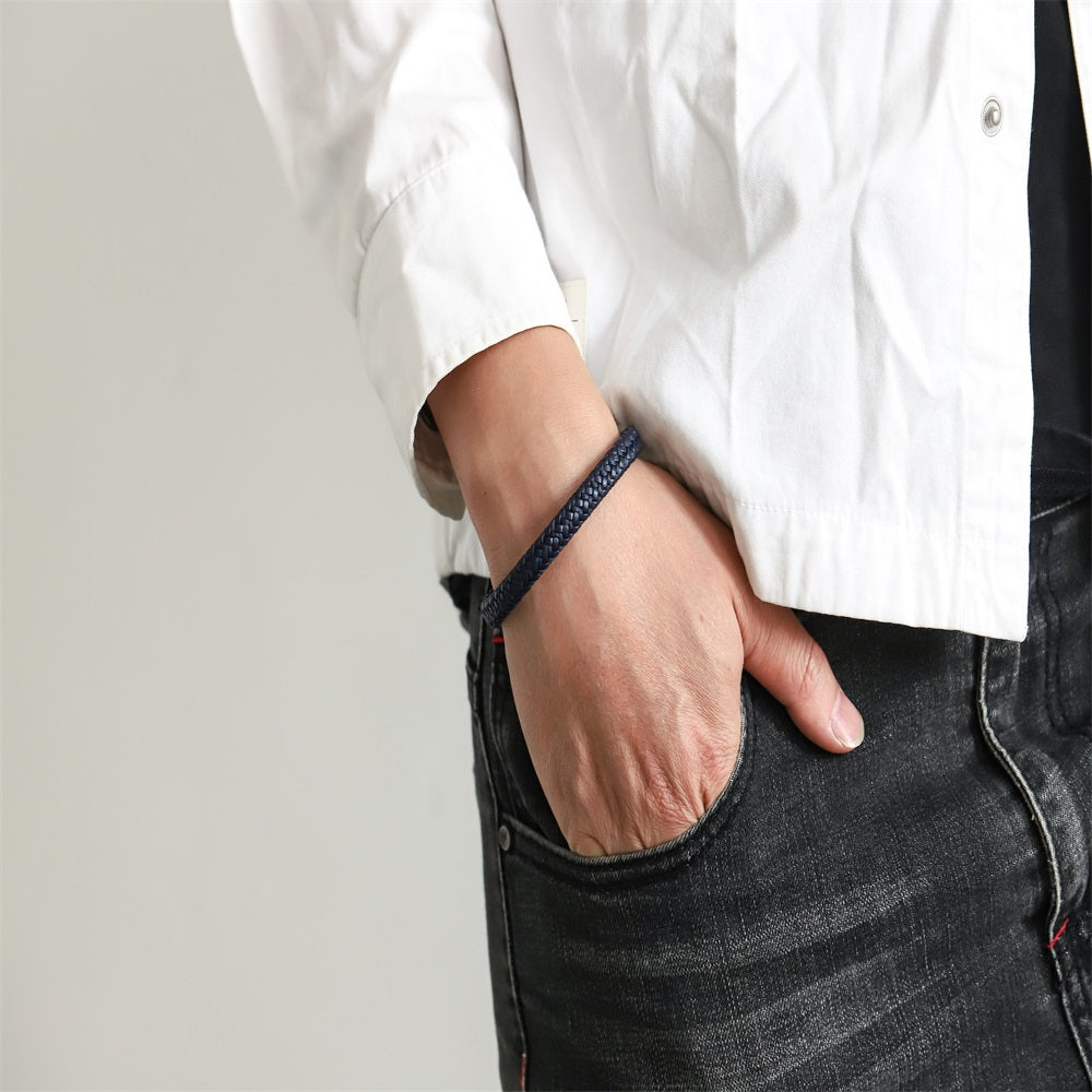 MBSS249 STAINLESS STEEL BRAIDED LEATHER & ROPE BRACELET