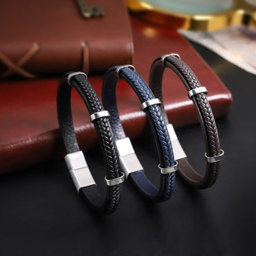 MBSS250 STAINLESS STEEL LAYERED LEATHER BRACELET