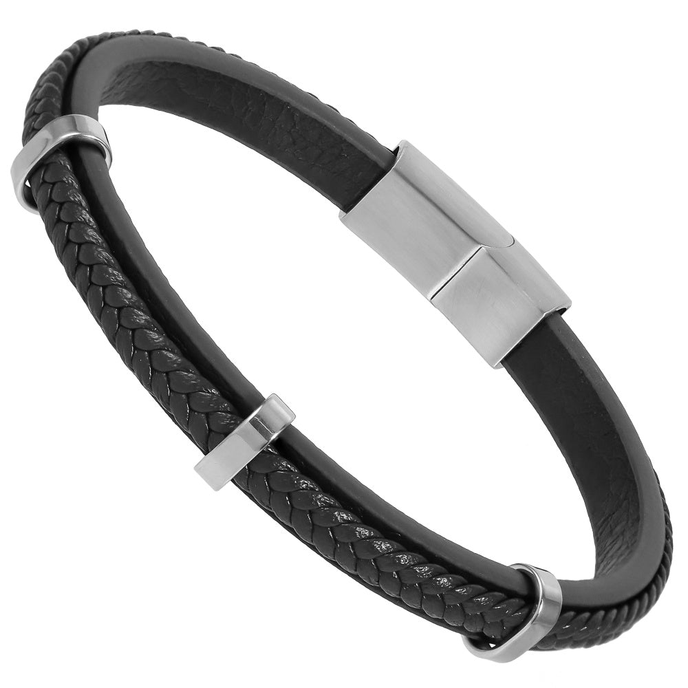 MBSS250 STAINLESS STEEL LAYERED LEATHER BRACELET
