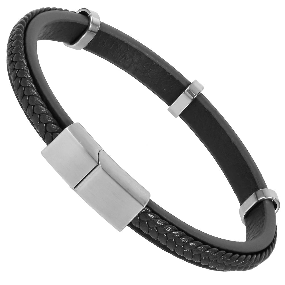 MBSS250 STAINLESS STEEL LAYERED LEATHER BRACELET