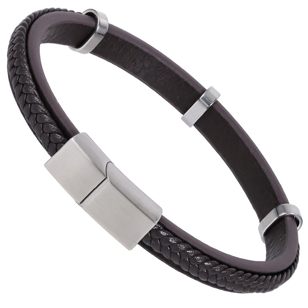 MBSS250 STAINLESS STEEL LAYERED LEATHER BRACELET