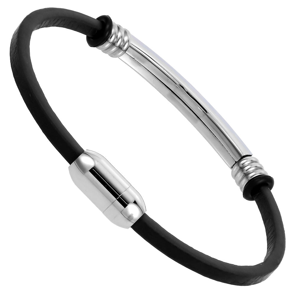 MBSS251 STAINLESS STEEL LEATHER BRACELET WITH ID PLATE