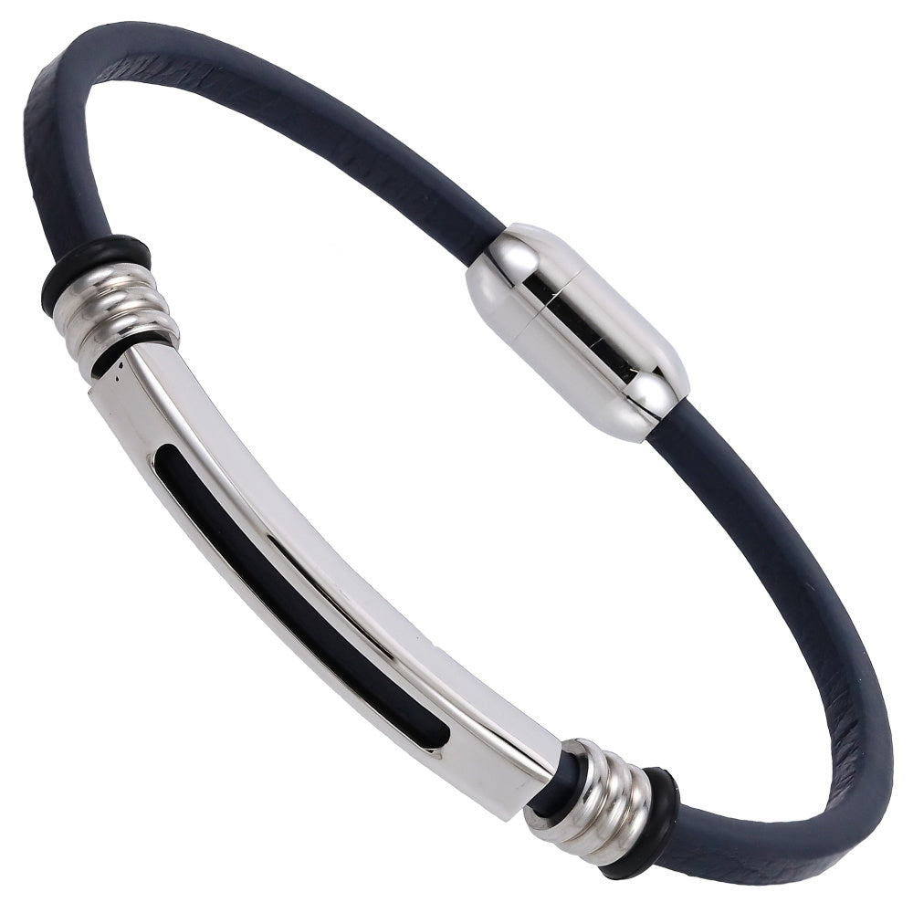 MBSS251 STAINLESS STEEL LEATHER BRACELET WITH ID PLATE