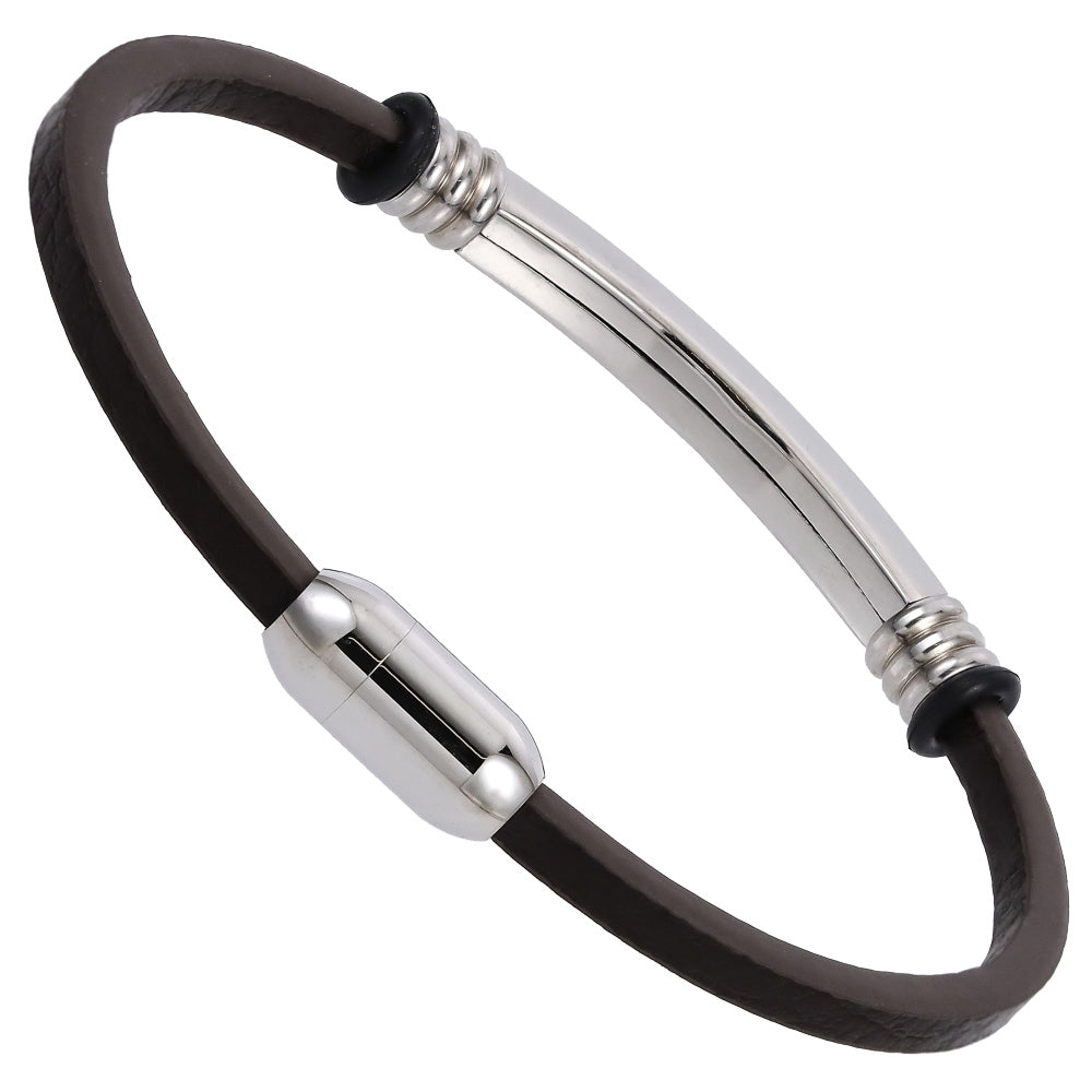 MBSS251 STAINLESS STEEL LEATHER BRACELET WITH ID PLATE