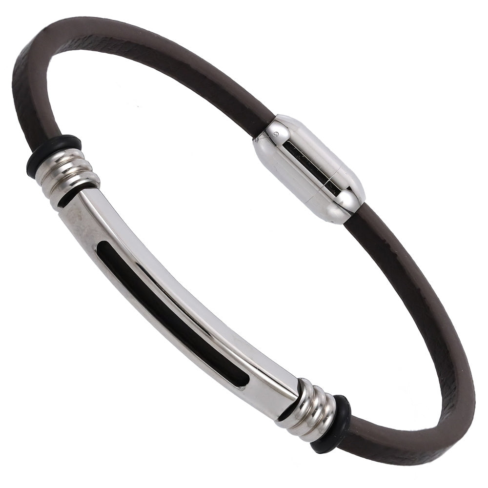 MBSS251 STAINLESS STEEL LEATHER BRACELET WITH ID PLATE