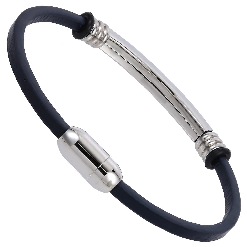 MBSS251 STAINLESS STEEL LEATHER BRACELET WITH ID PLATE