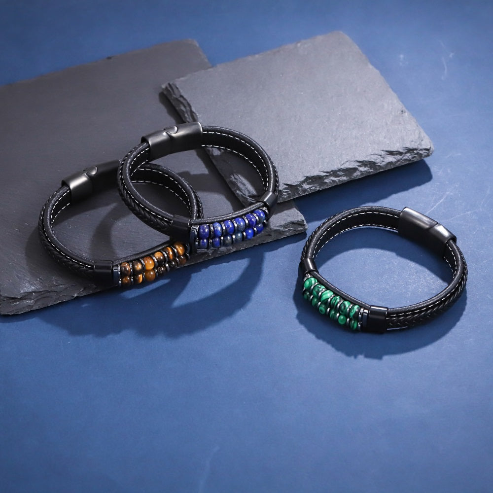 MBSS253 STAINLESS STEEL LEATHER BRACELET WITH HEMATITE & STONE