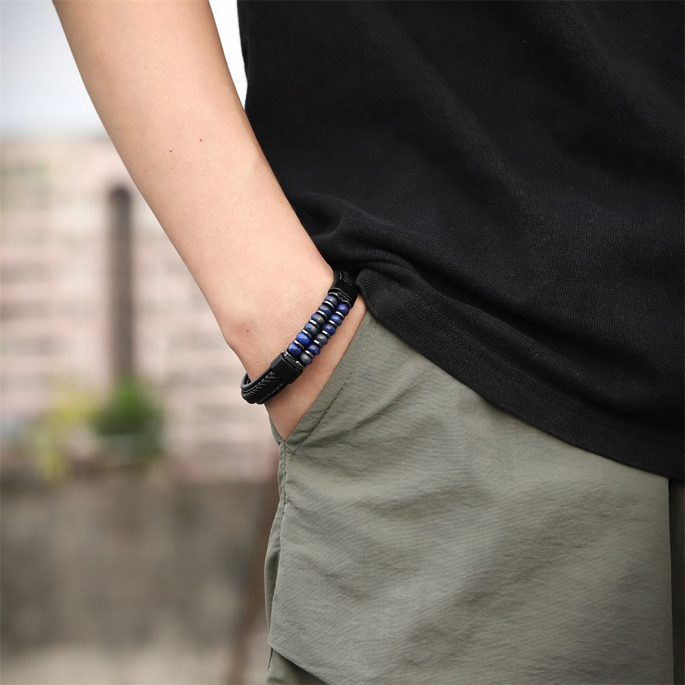 MBSS253 STAINLESS STEEL LEATHER BRACELET WITH HEMATITE & STONE