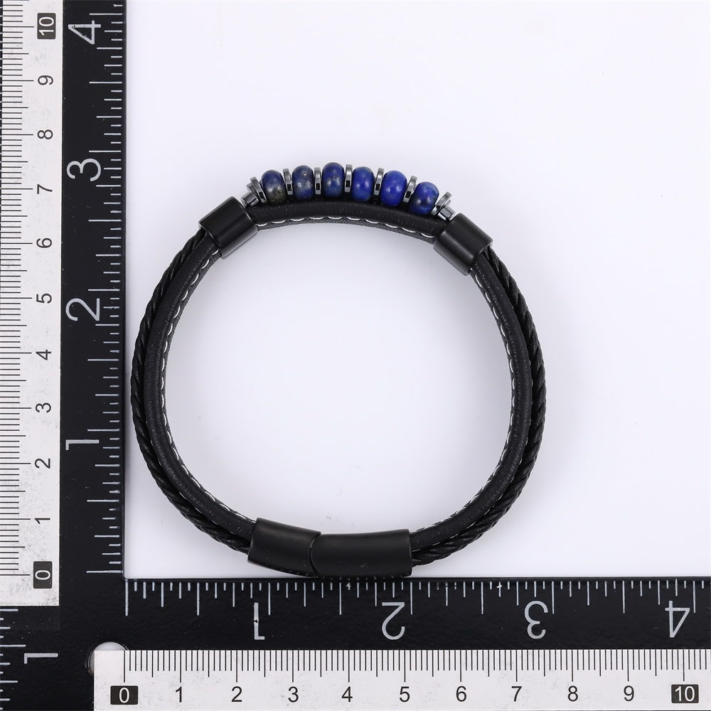 MBSS253 STAINLESS STEEL LEATHER BRACELET WITH HEMATITE & STONE