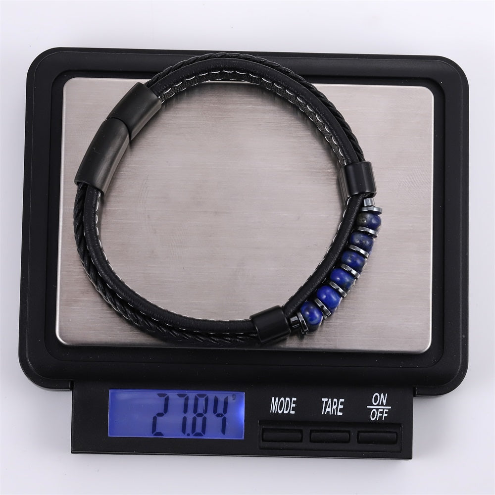MBSS253 STAINLESS STEEL LEATHER BRACELET WITH HEMATITE & STONE