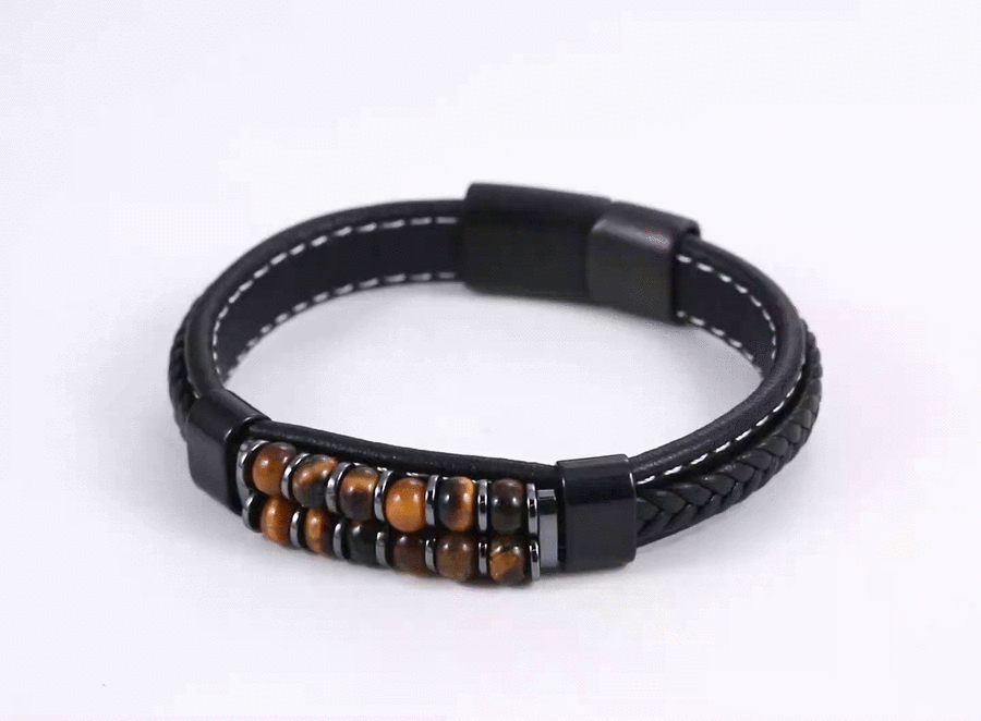 MBSS253 STAINLESS STEEL LEATHER BRACELET WITH HEMATITE & STONE