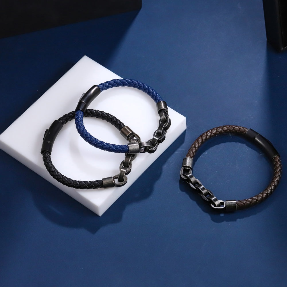 MBSS254 STAINLESS STEEL LEATHER BRACELET WITH CHAIN LINK DESIGN