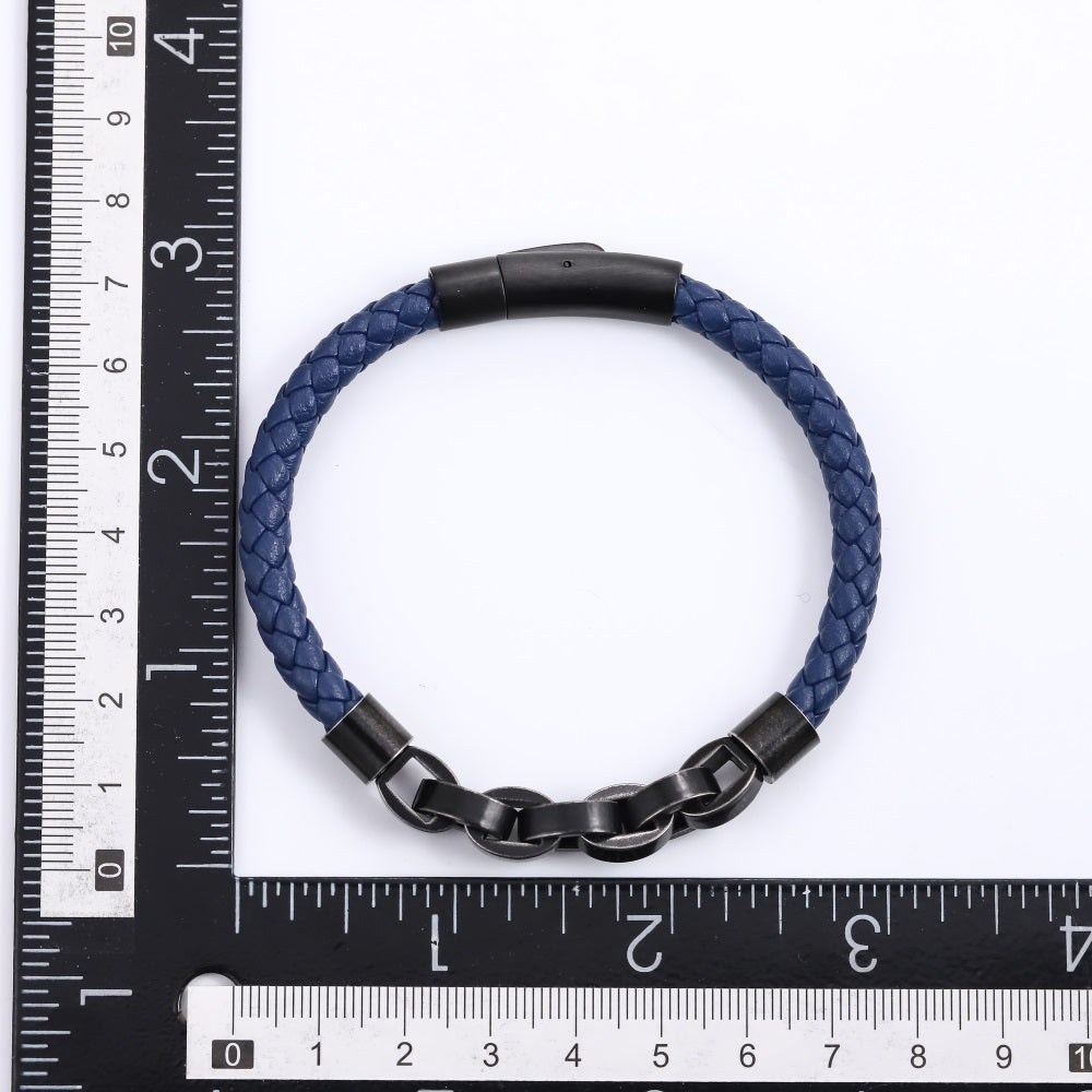 MBSS254 STAINLESS STEEL LEATHER BRACELET WITH CHAIN LINK DESIGN