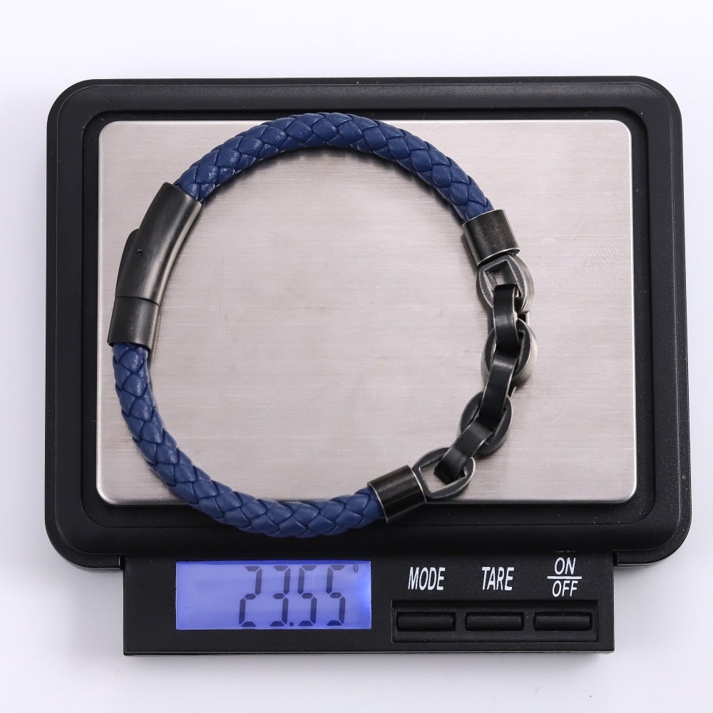 MBSS254 STAINLESS STEEL LEATHER BRACELET WITH CHAIN LINK DESIGN