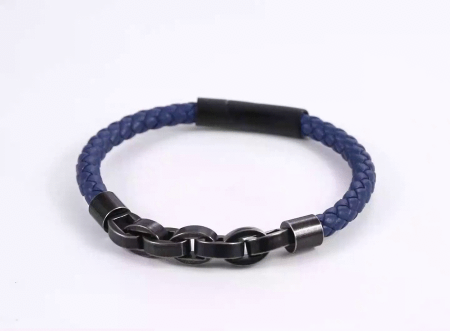 MBSS254 STAINLESS STEEL LEATHER BRACELET WITH CHAIN LINK DESIGN