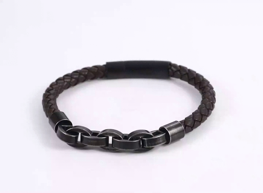 MBSS254 STAINLESS STEEL LEATHER BRACELET WITH CHAIN LINK DESIGN