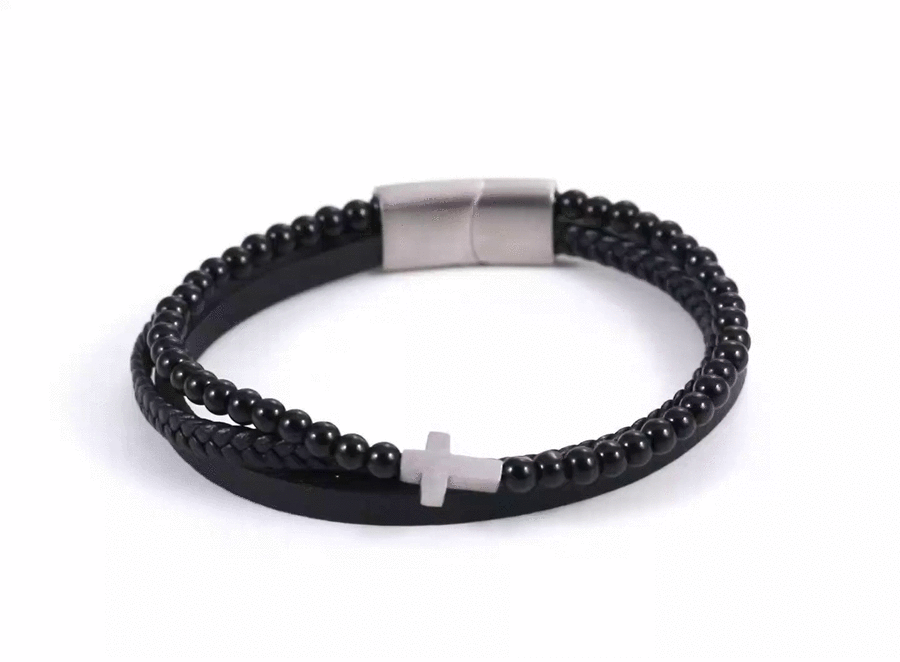 MBSS256 STAINLESS STEEL LEATHER BRACELET WITH CROSS & BEADS