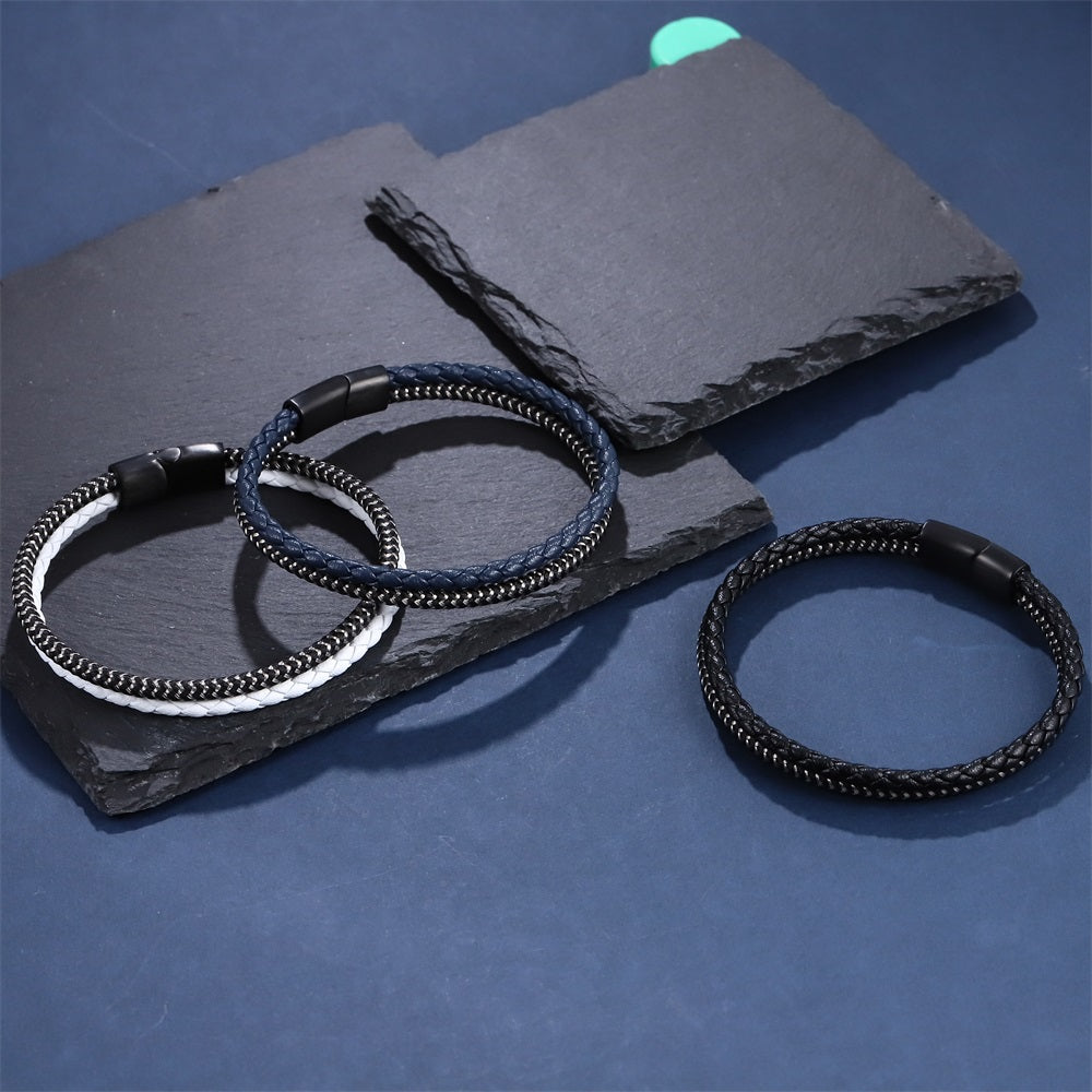 MBSS259 STAINLESS STEEL & SLIM BRAIDED LEATHER BRACELET