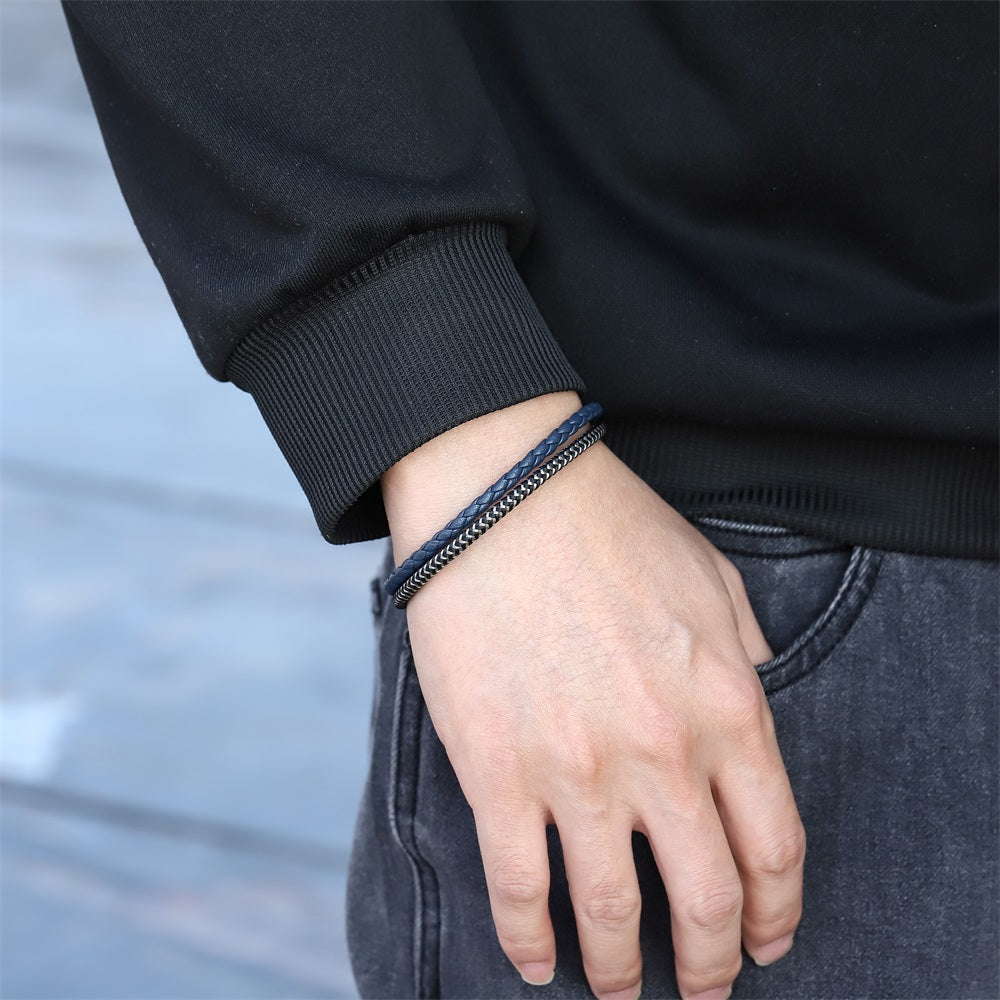 MBSS259 STAINLESS STEEL & SLIM BRAIDED LEATHER BRACELET